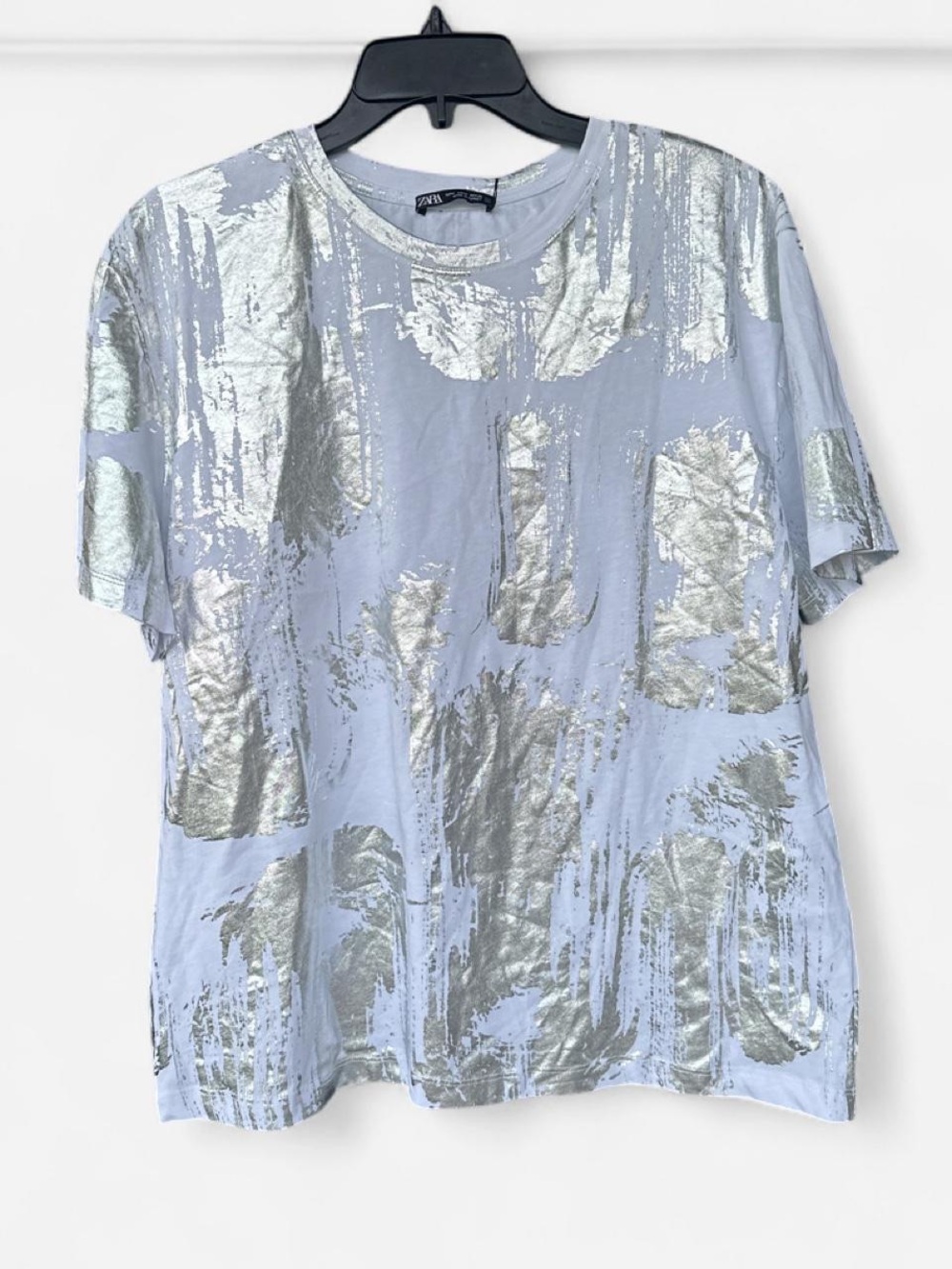 Zara White & silver metallic Tee with Silver Foil Abstract Print